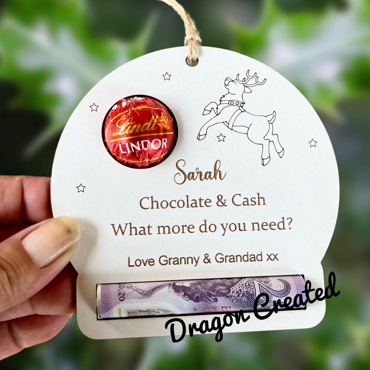 Personalised Reindeer Chocolate & Money Holder: Christmas Tree Decoration, Cash Envelope