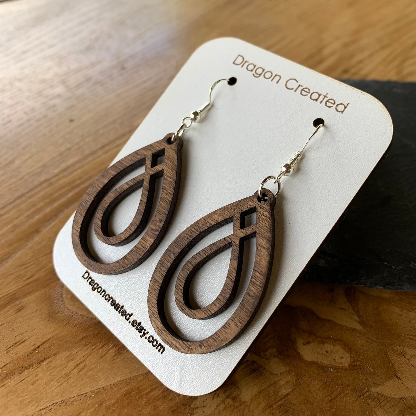 Dangle Swirl Wooden Earrings - Lightweight hyper allergenic Earrings - handmade Drop Earring - Dangly Silver