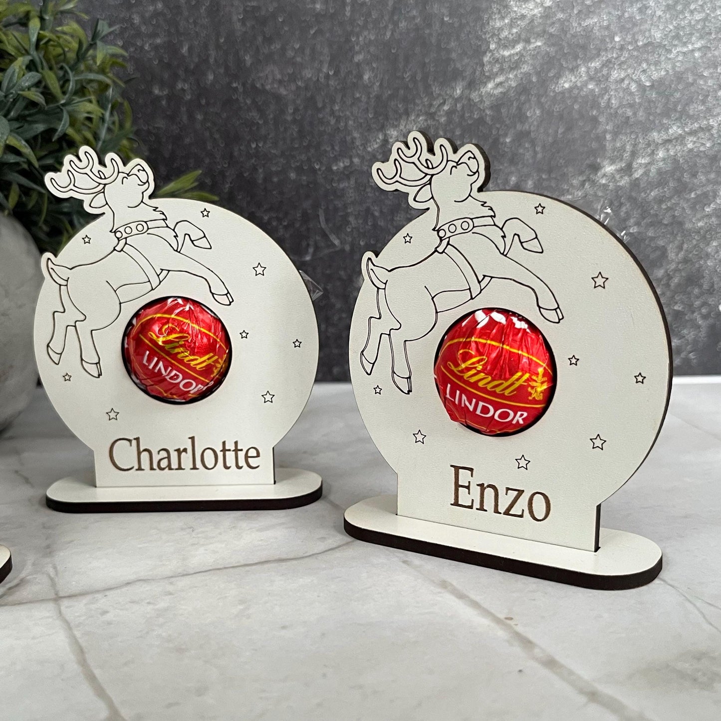 Christmas Table Family Place Settings, Personalised Chocolate Lindor Holder, Place Card: Wooden Table Decoration