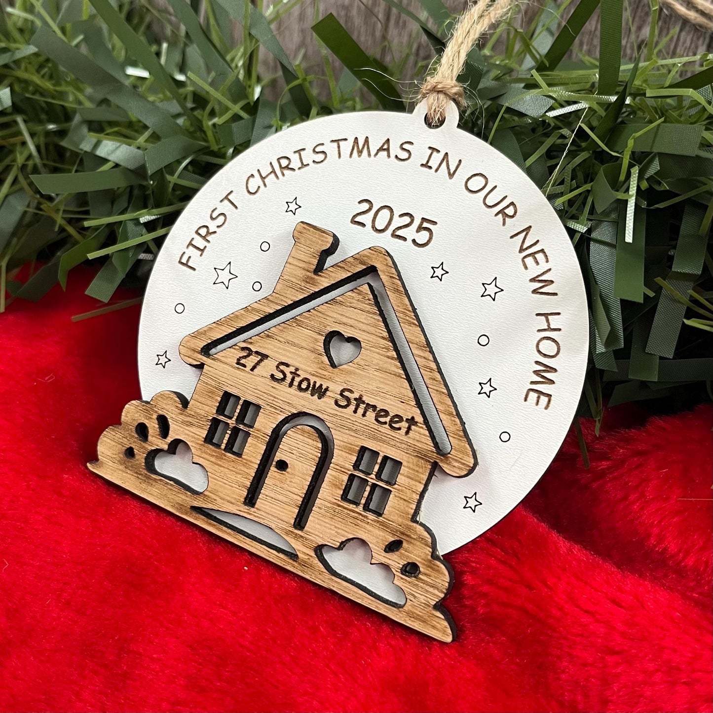 First Christmas In New Home, Christmas Ornament, Personalised Wooden Tree Decoration