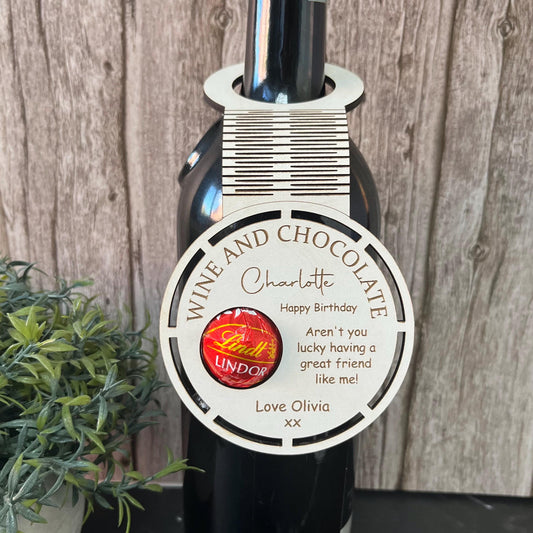 Personalised Birthday Wine Bottle Tag: Lindor Chocolate Holder, Engraved Wood Bottle Topper