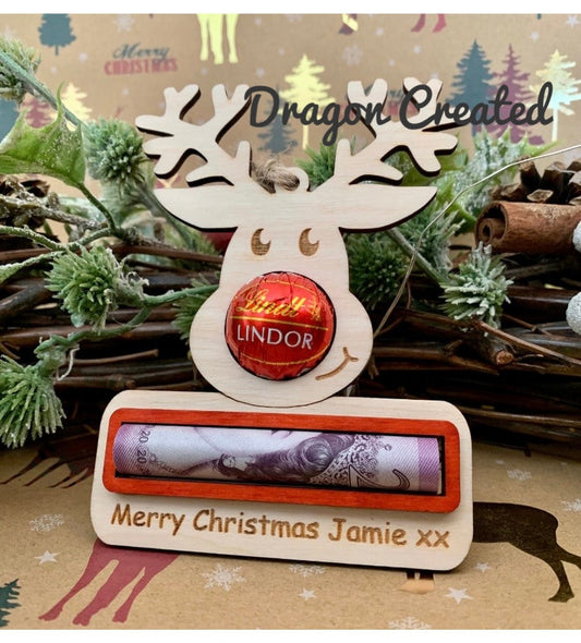 Personalised Reindeer Christmas Ornament: Lindor Chocolate & Money Holder, Cash Envelope