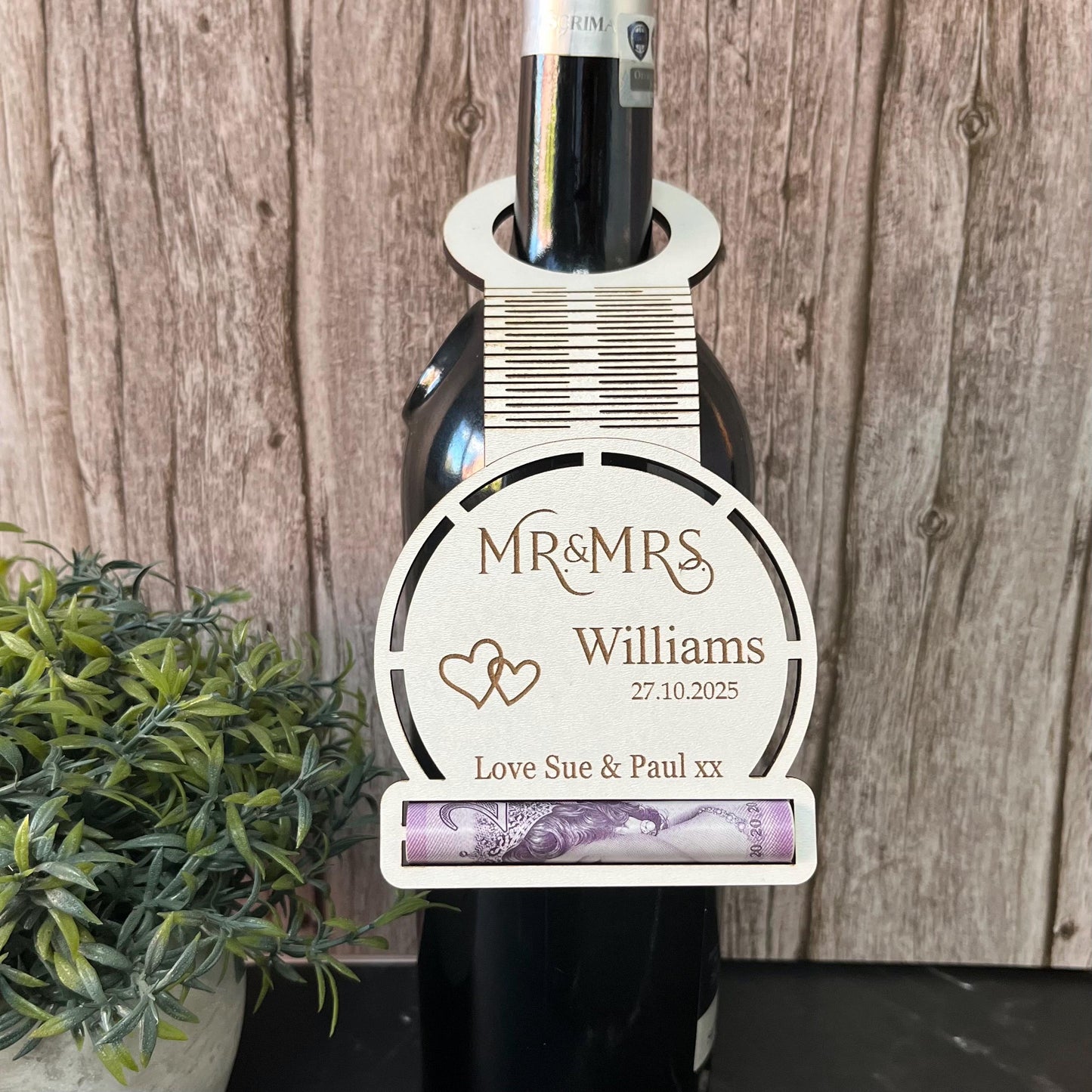 Wedding Mr And Mrs Wine Tag: Gift Money Holder, Cash Holder, Personalised Wine Label