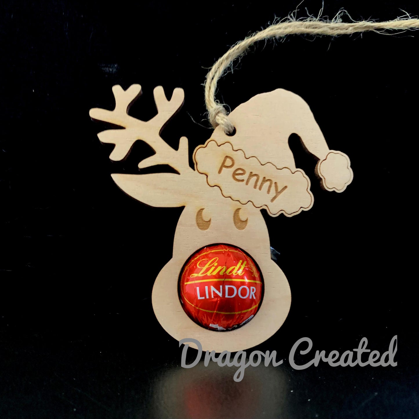Personalised Reindeer Ornament: Birch Wood, Lindor Chocolate Holder, Christmas Tree Ornament