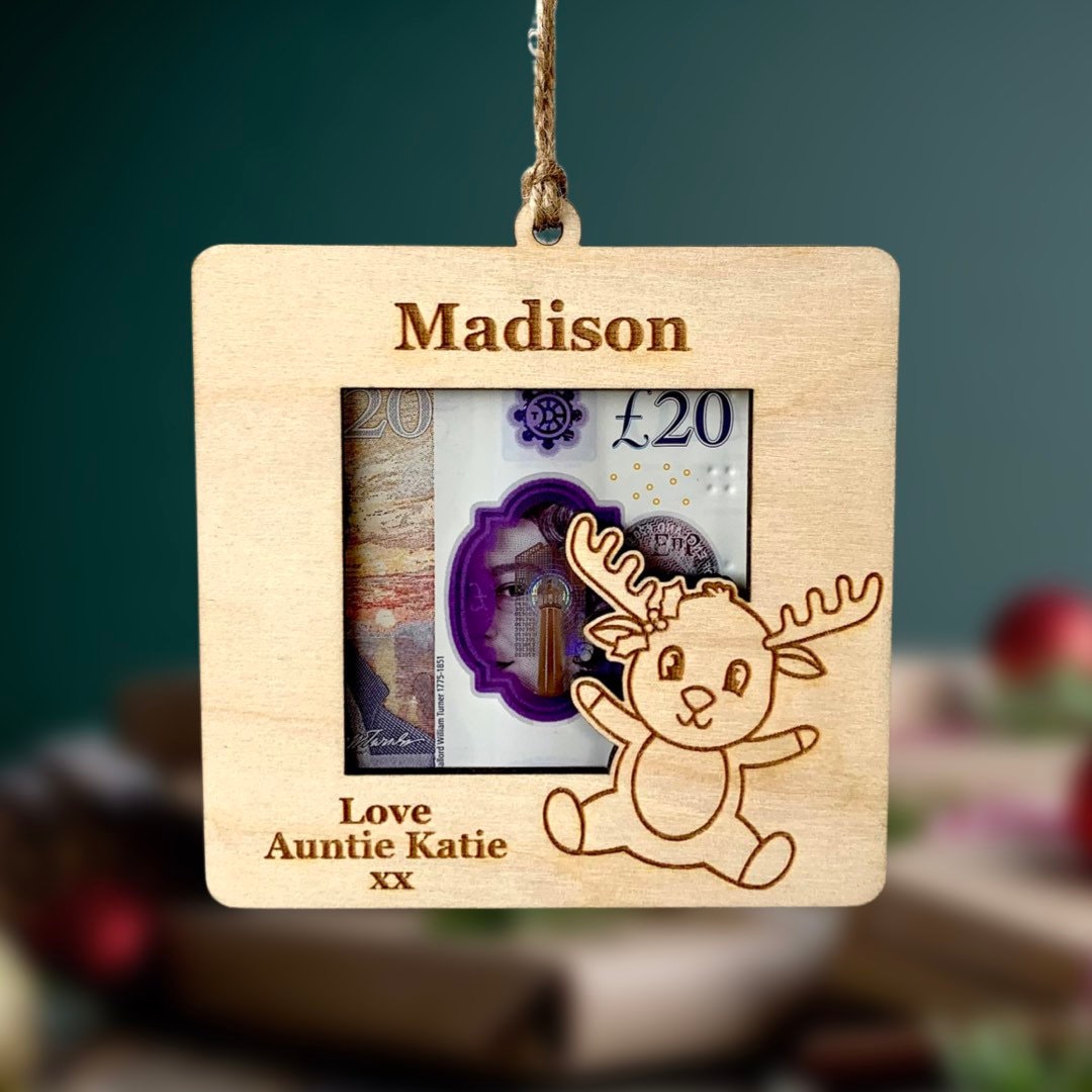 Personalised Christmas Money Holder Ornament: Engraved Birch Wood Gift Wallet, Cash Envelope