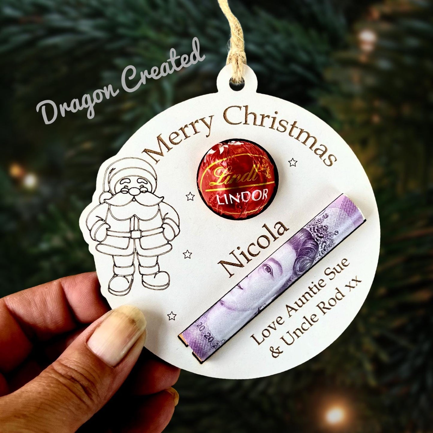 Personalised Christmas Chocolate & Money Holder: Santa Lindor, Engraved Wood, Cash Envelope