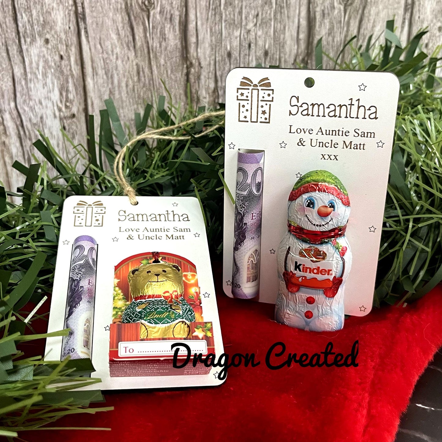 Personalised  Christmas Money & Chocolate Holder - Tree Ornament, Cash Envelope, Lindor Bear, Kinder Snowman