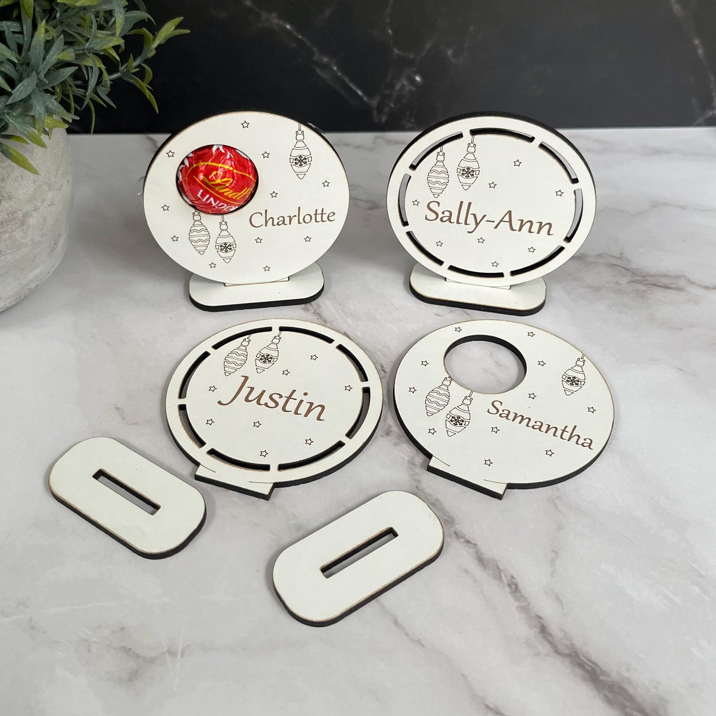 Personalised Christmas Table Place Settings, Chocolate Lindor Holder, Place Card: Laser Engraved Wooden Table Decoration
