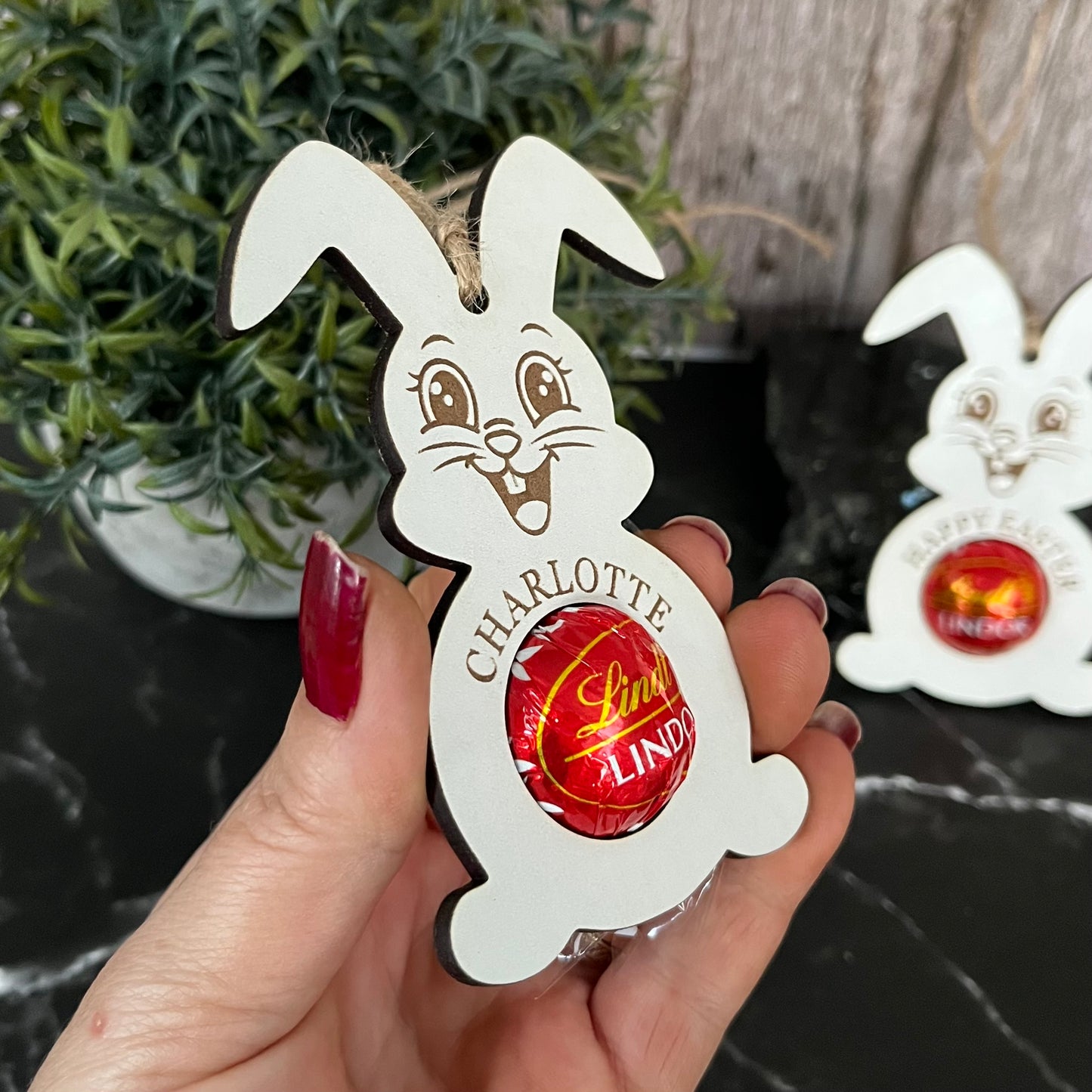 Easter Bunny Personalised Chocolate Holder: Wooden Easter Basket Decoration, Lindor, Lindt Chocolate, Egg Hunt