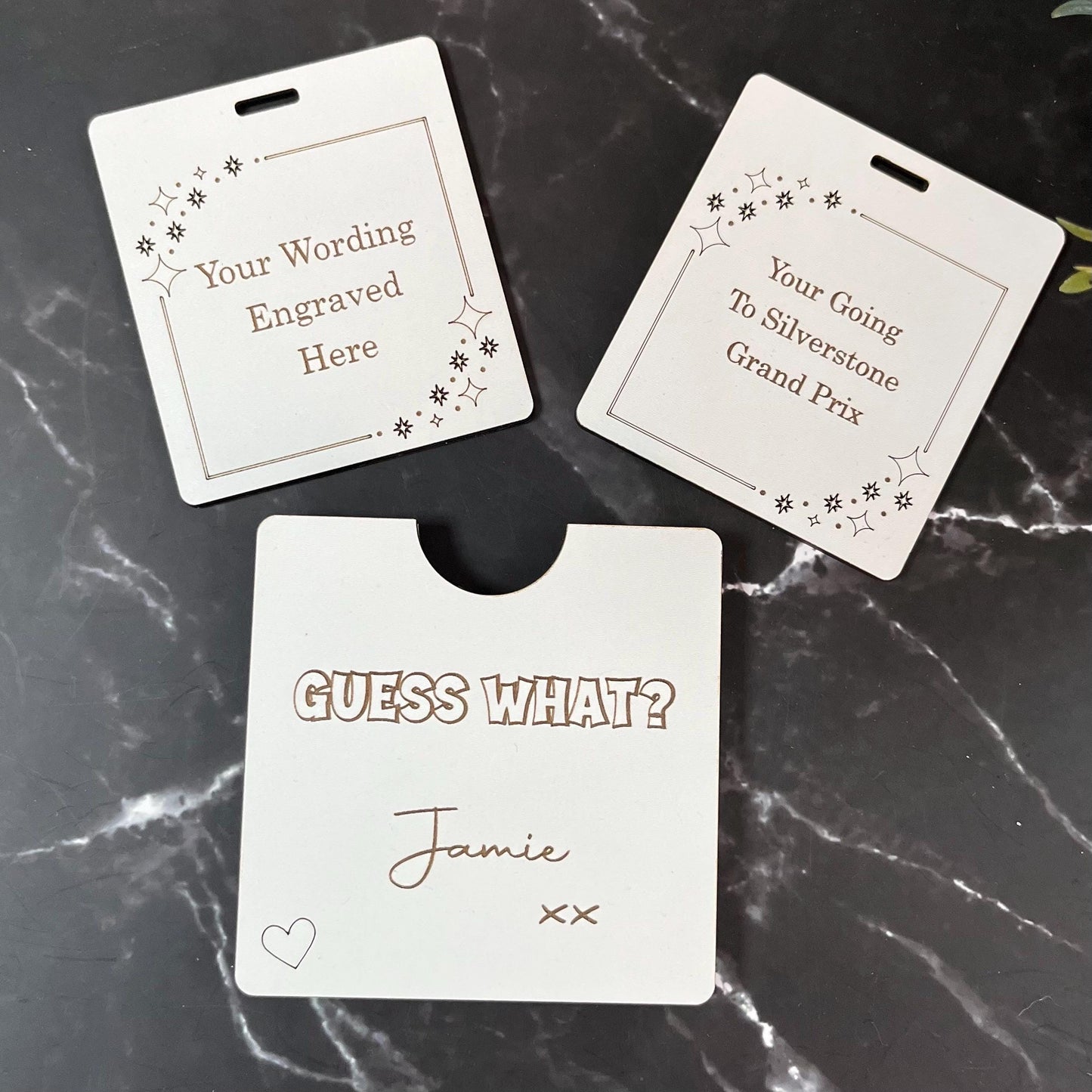 Secret Surprise Reveal, Guess What? Wooden Card, Personalised Love Letter.