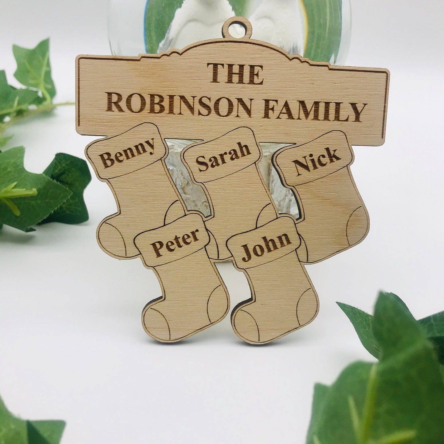Personalised Grandchildren Family Tree Ornament: Engraved Wooden Christmas Bauble Decoration