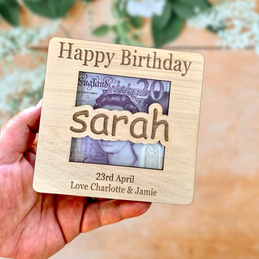 Personalised Birthday Money Holder: Wooden Cash Gift Envelope,