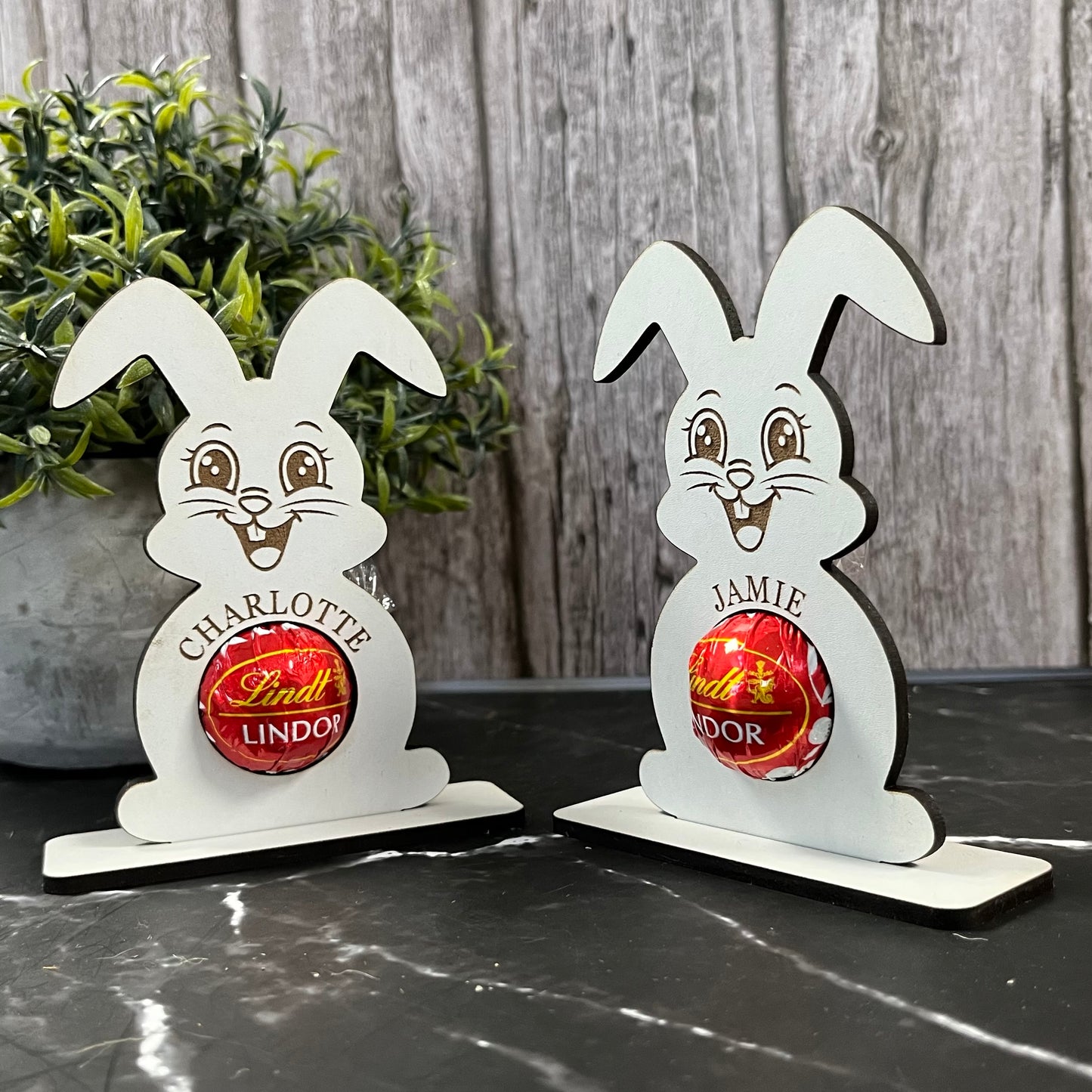 Personalised Easter Bunny Chocolate Holder: Wooden Easter Table Decoration, Lindor, Lindt Chocolate, Place Setting