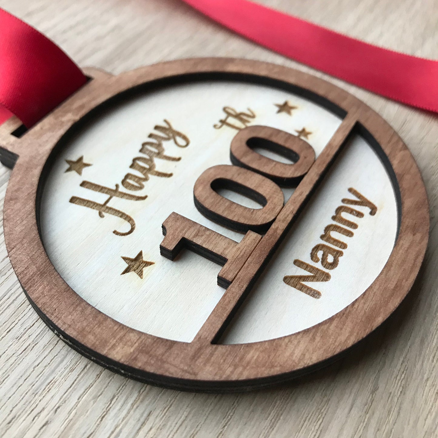 Personalised 100th Birthday Award Medal: Laser Engraved Wood