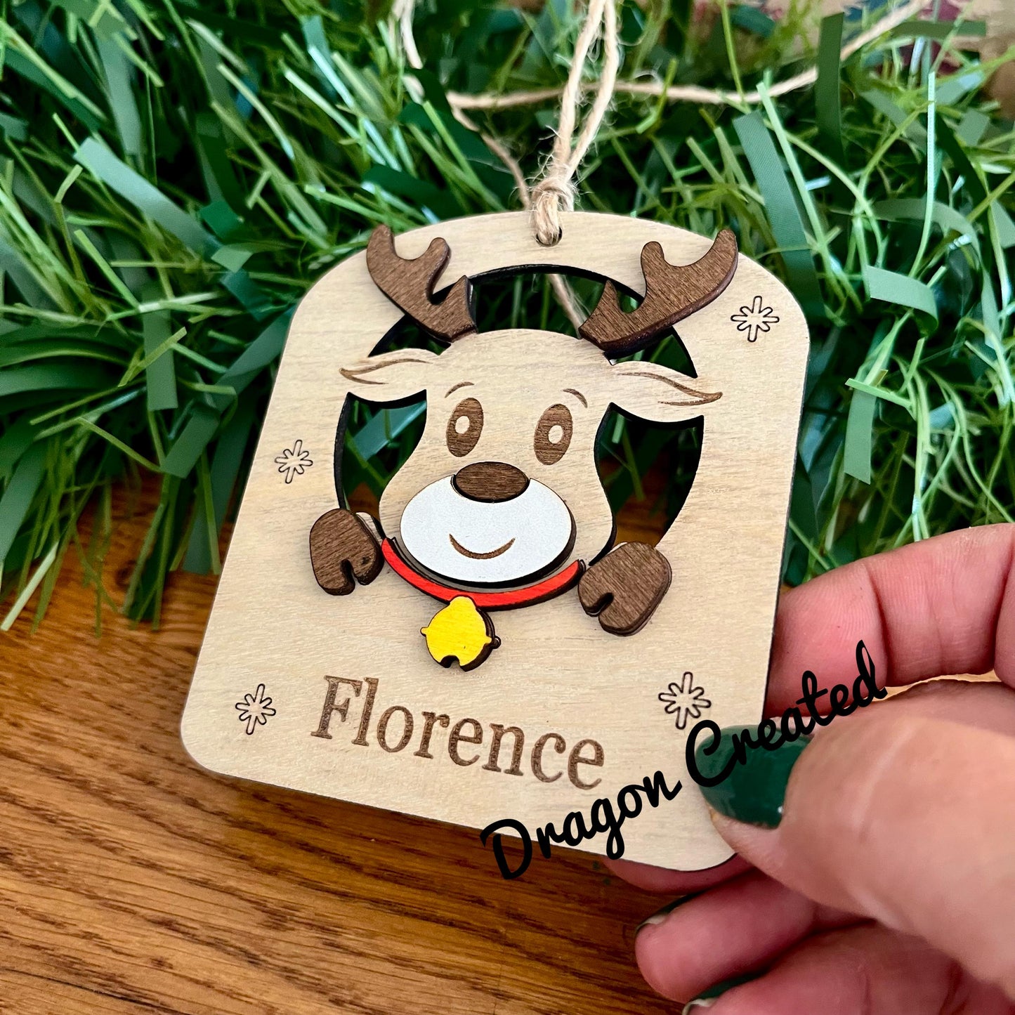 Personalised Reindeer Christmas Ornament: Engraved Birch Wood Stocking Tag, Tree Bauble