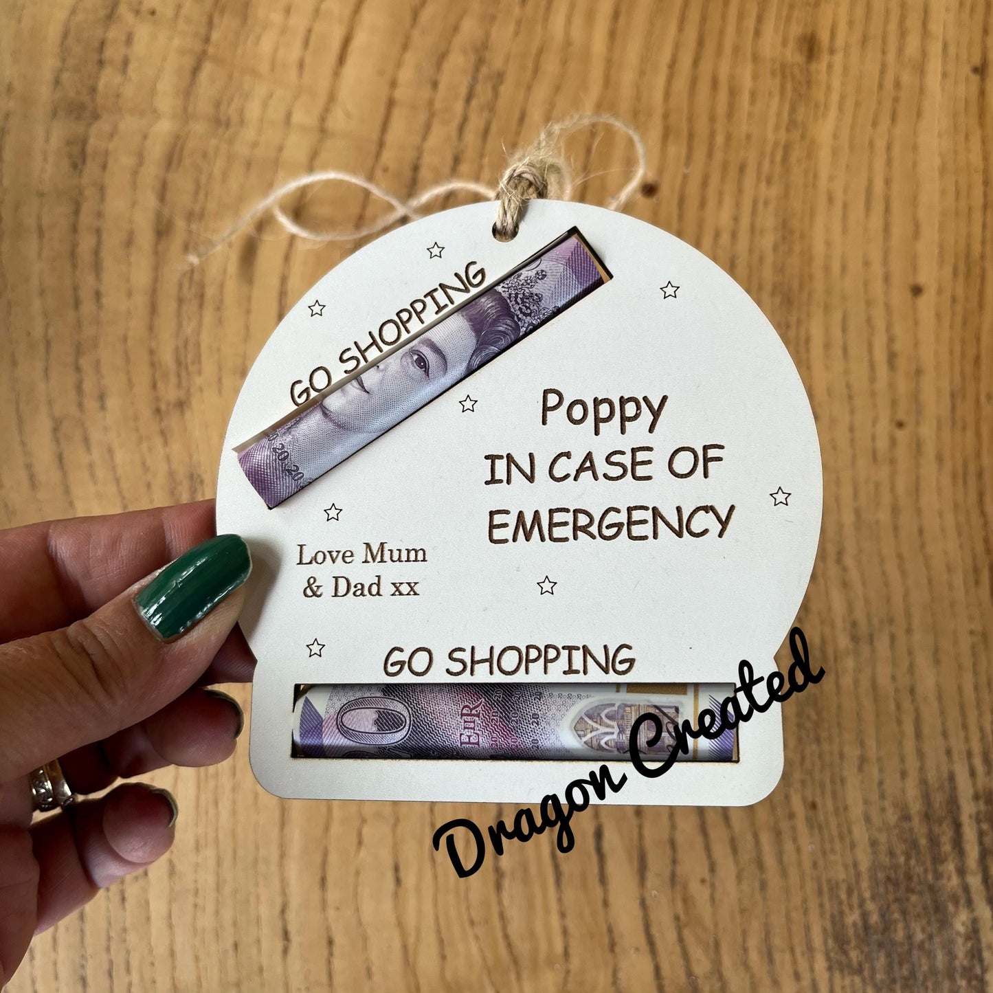 Personalised Birthday Money Holder: Engraved Wooden Gift Envelope, In Case Of Emergency