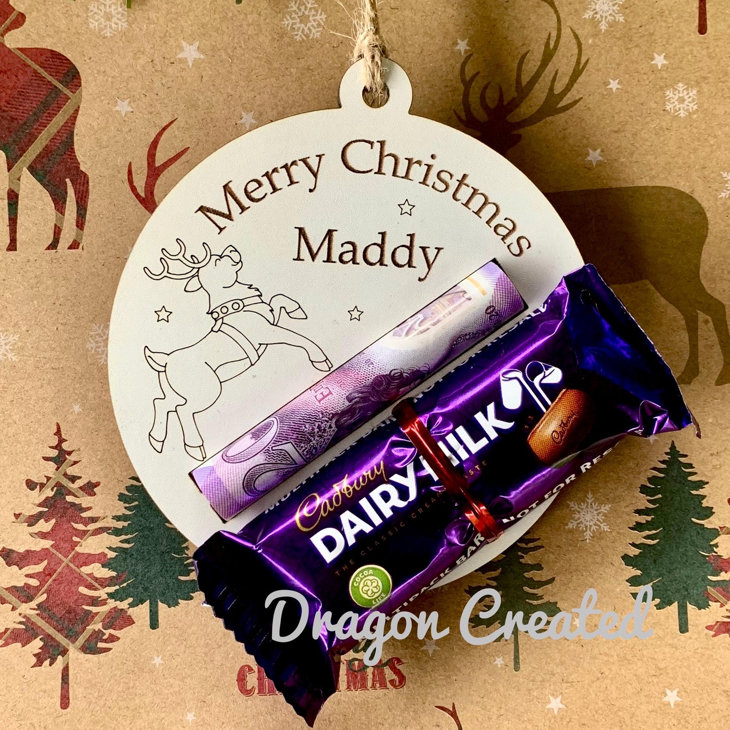 Personalised Reindeer Christmas Money & Chocolate Holder - Tree Ornament