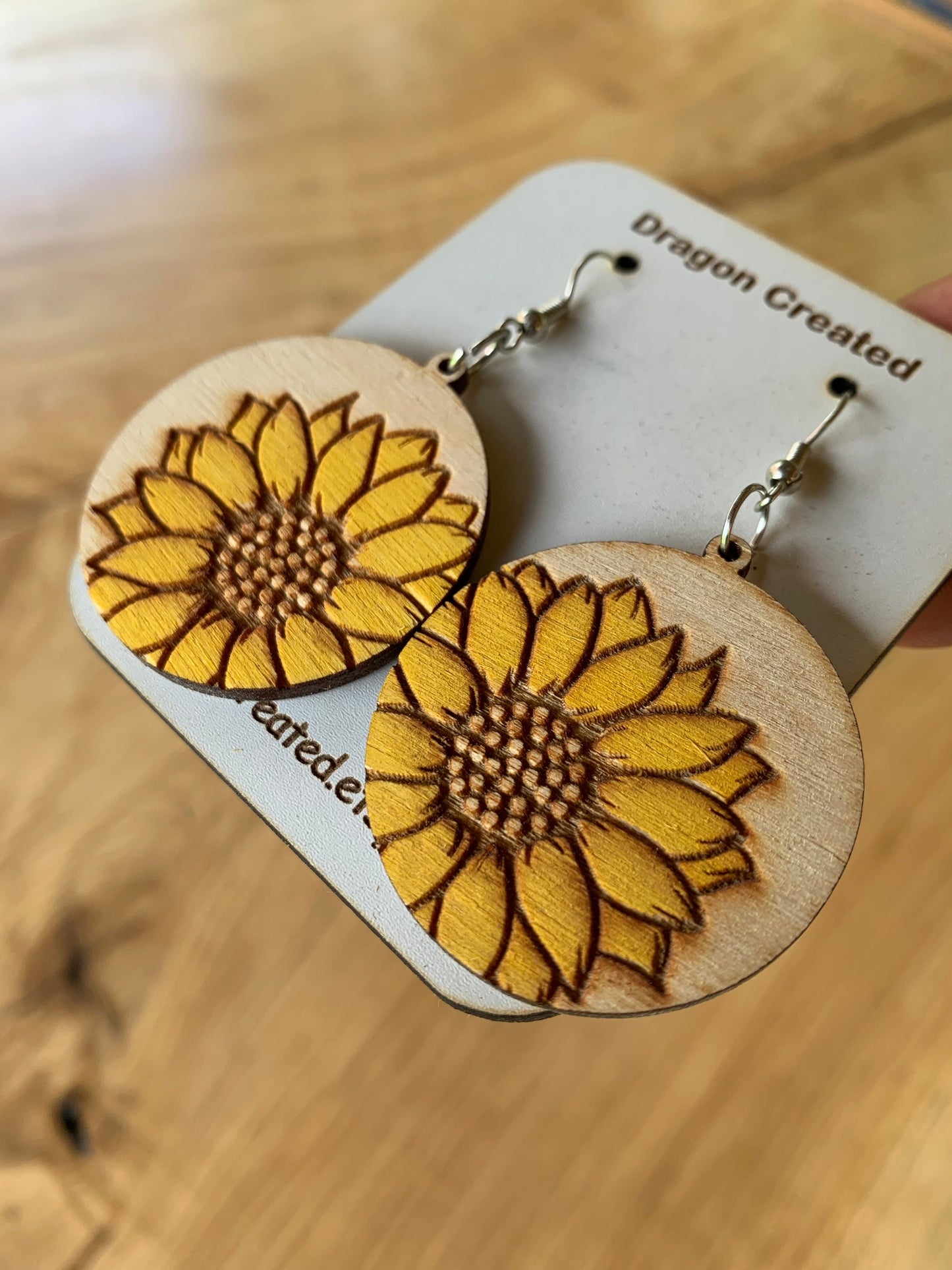 Sunflower Wooden Earrings: Engraved Birch Dangle Earrings