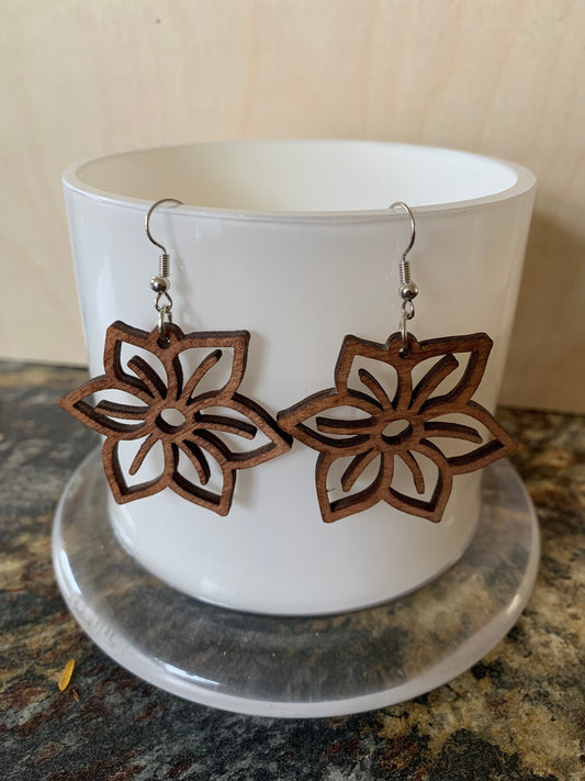 Laser Cut Flower Wooden Earrings: Geometric Dangle, Hypoallergenic