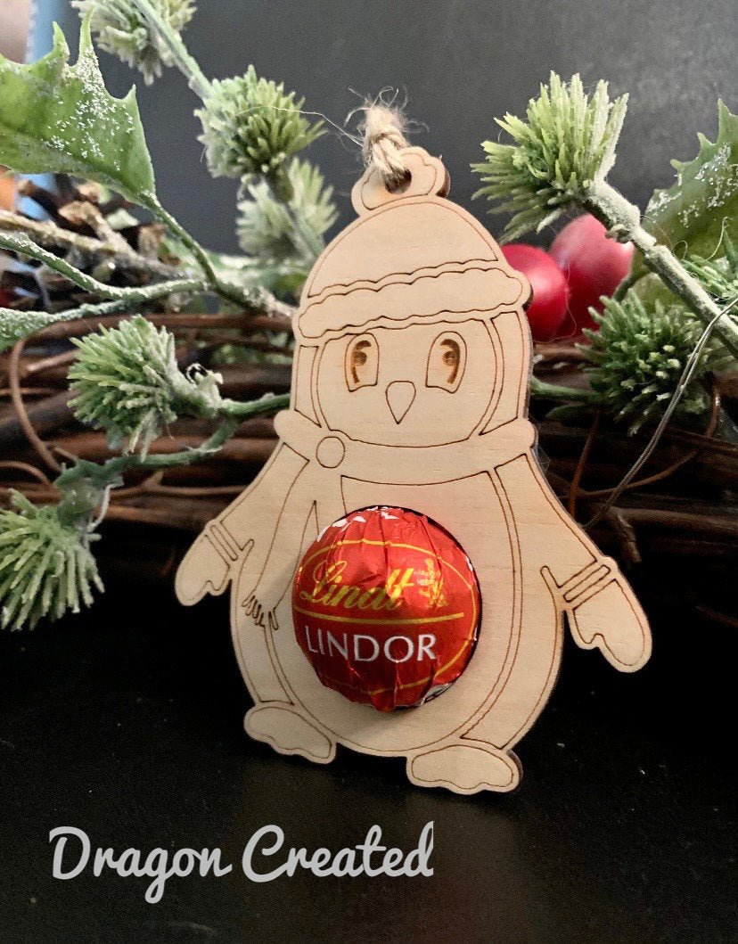 Christmas Penguin Chocolate Bauble: Lindor Chocolate Holder, Wooden Tree Decoration