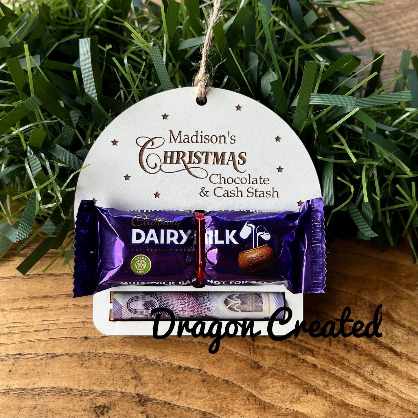 Personalised Christmas Money & Chocolate Holder: Wooden Tree Ornament, Cash Envelope