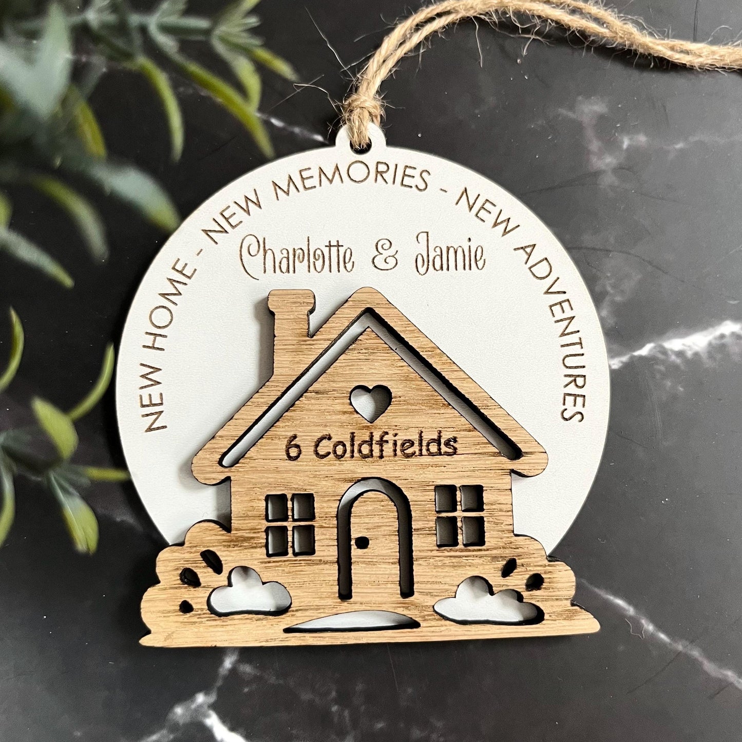 Personalised New Home Ornament: Laser Engraved Oak Wood, First Home Gift