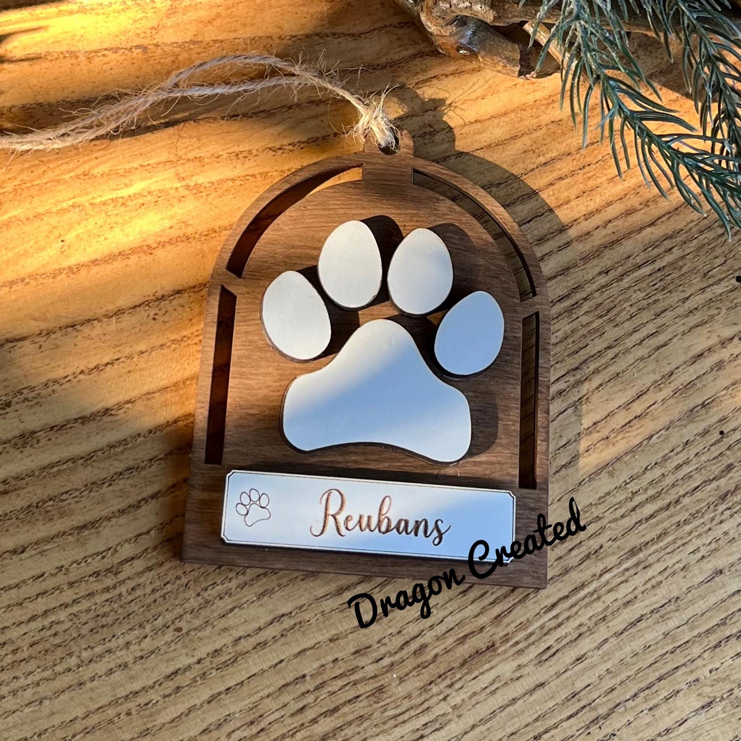 Pet Christmas Ornament: Personalised Engraved Wooden Dog Paws, Tree Decoration.