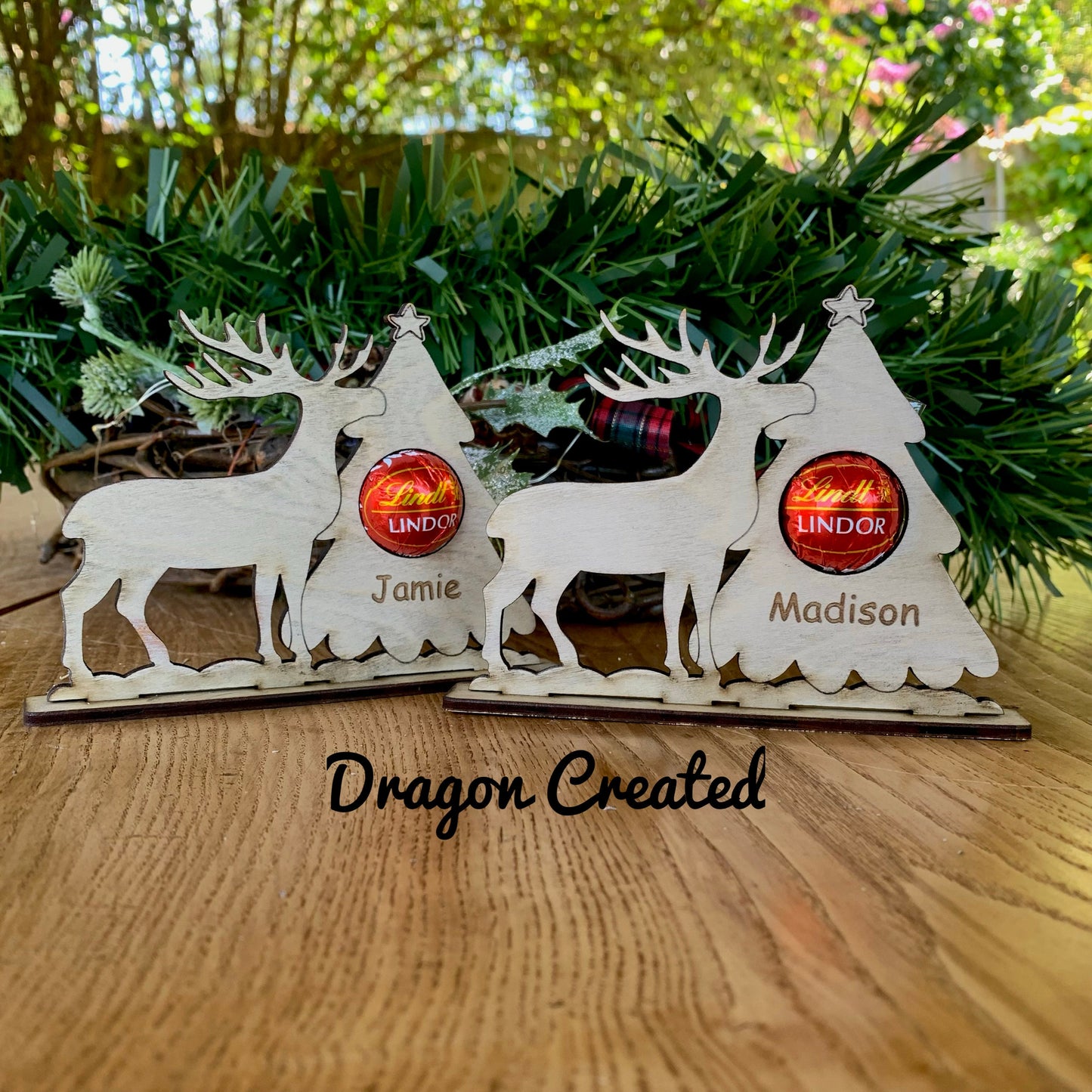 Personalised Reindeer Chocolate Place Setting: Engraved Wooden Christmas Decor