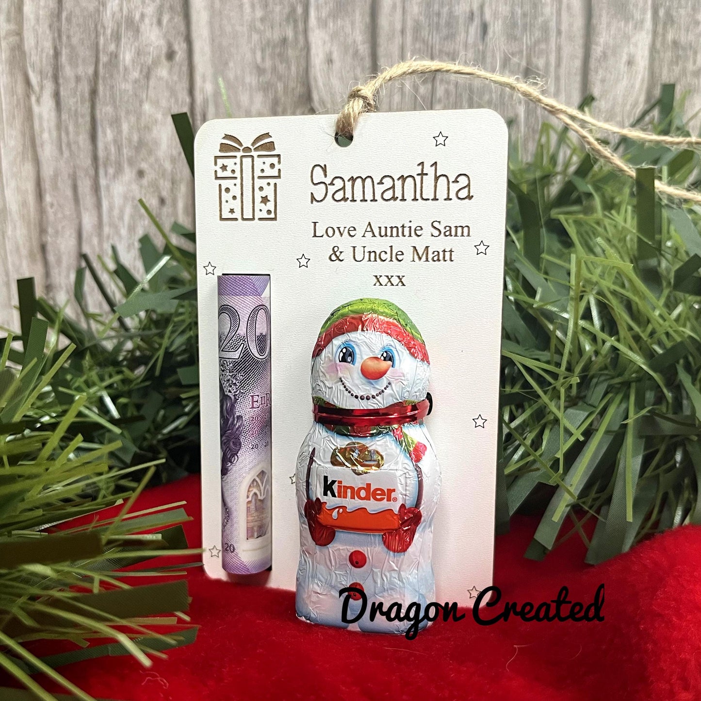 Personalised  Christmas Money & Chocolate Holder - Tree Ornament, Cash Envelope, Lindor Bear, Kinder Snowman