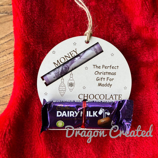 Personalised Christmas Money & Chocolate Holder: Engraved Wooden Ornament, Cash Envelope