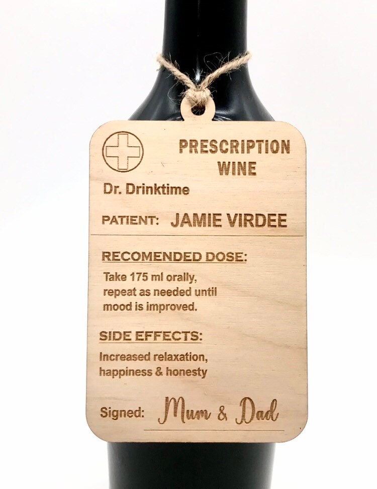 Wooden Personalised Wine Bottle Tag: Novelty Prescription Label, Funny Drink Lover