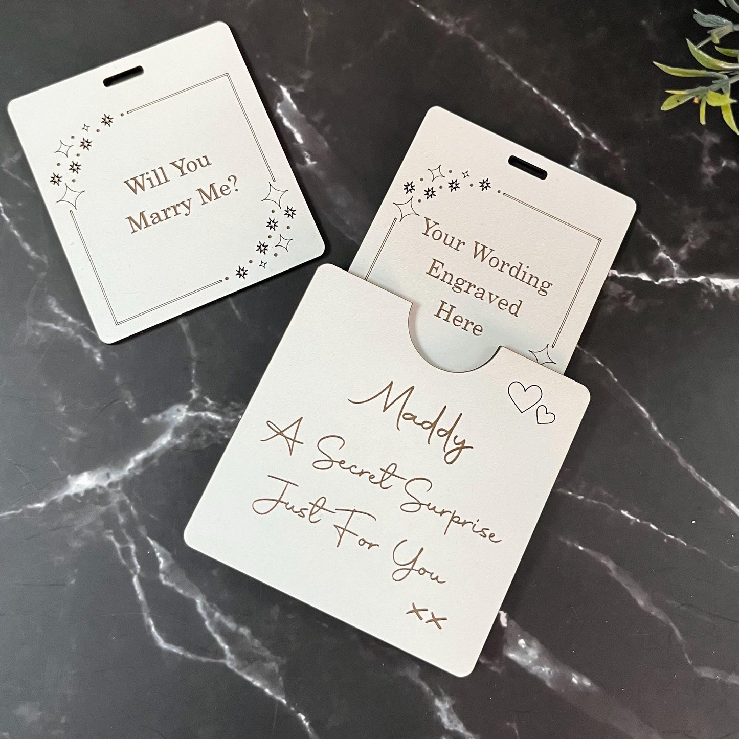 Secret Surprise Reveal, Wooden Card, Personalised Love Letter.