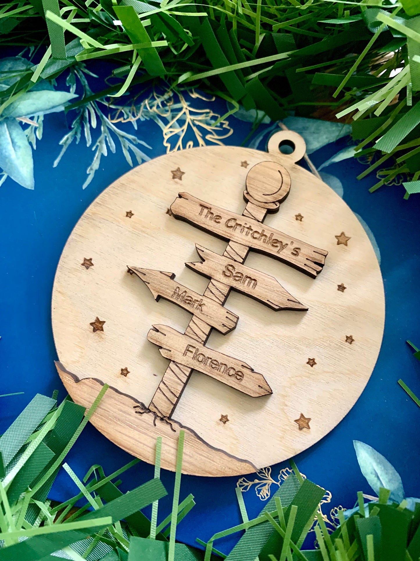 Personalised Family Christmas Ornament: North Pole Signpost, Wooden Bauble, Tree Decoration