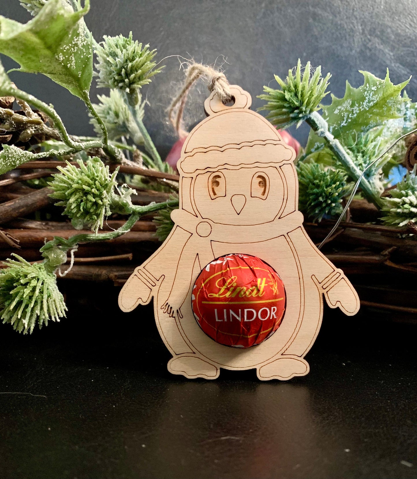 Christmas Penguin Chocolate Bauble: Lindor Chocolate Holder, Wooden Tree Decoration