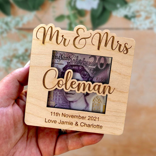 Personalised Wedding Money Holder: Wooden Mr & Mrs Gift Wallet