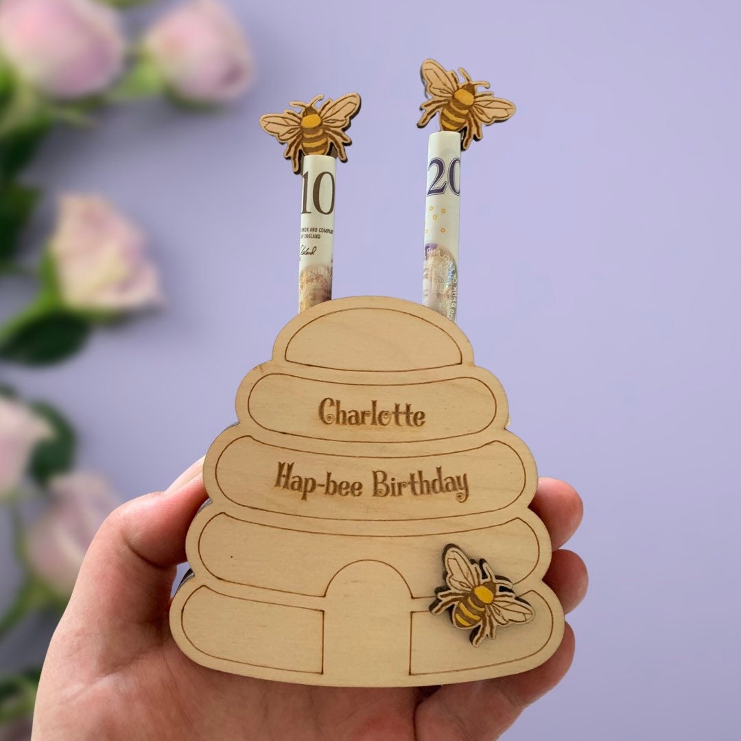 Personalised Wooden Money Holder: Bumblebee Birthday Gift Wallet, Cash Envelope