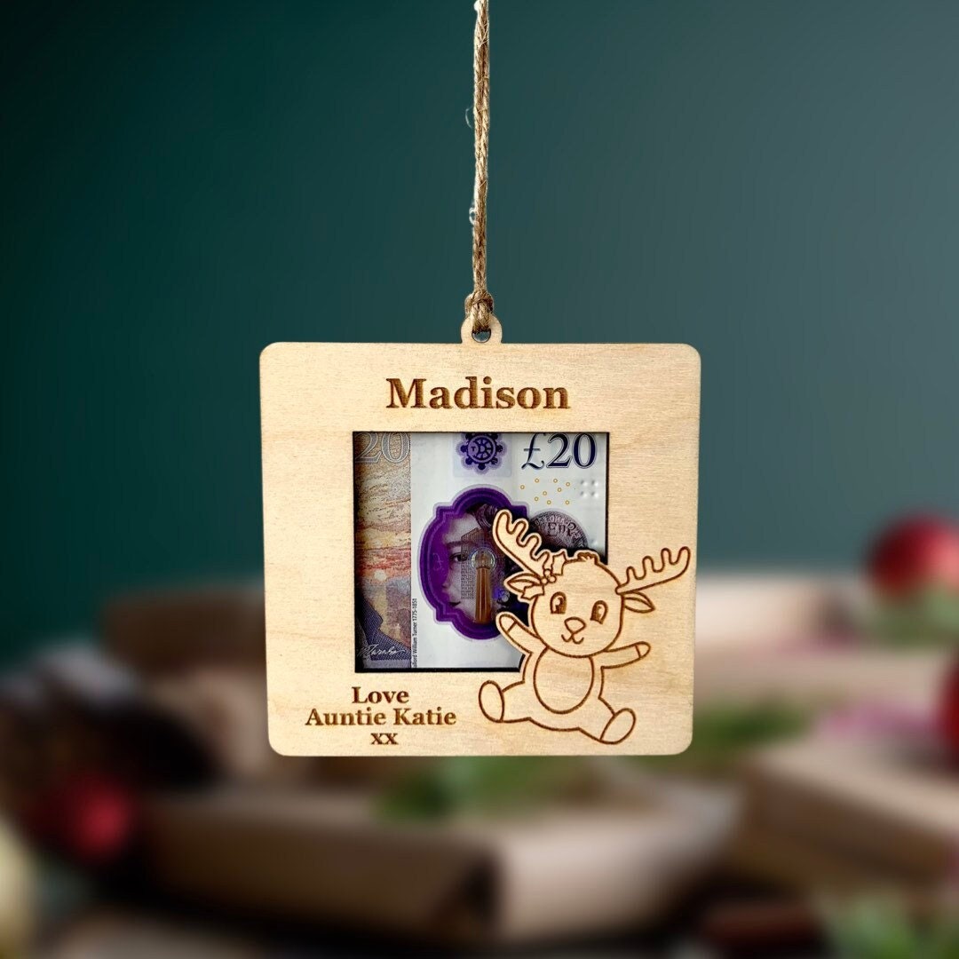 Personalised Christmas Money Holder Ornament: Engraved Birch Wood Gift Wallet, Cash Envelope