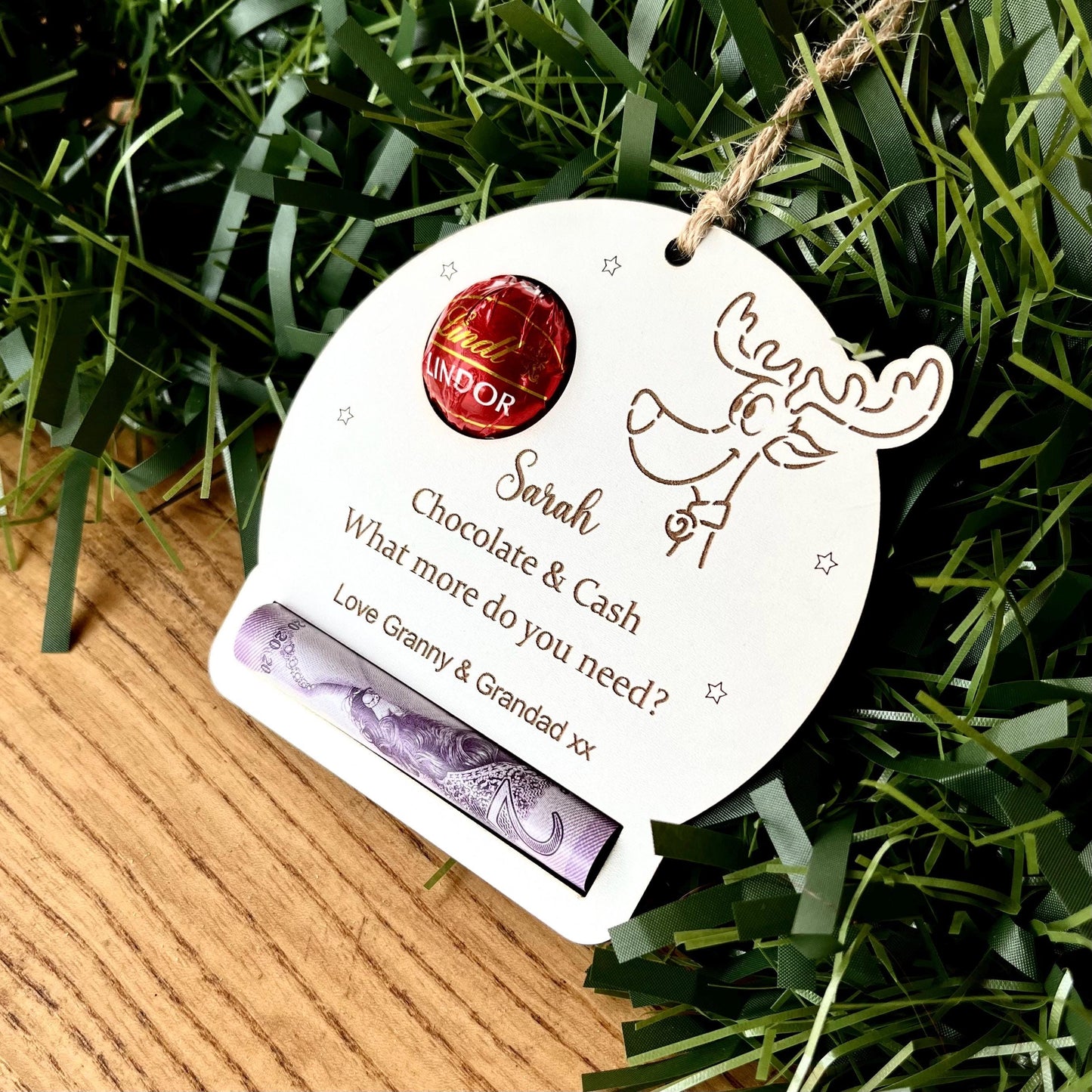 Personalised Reindeer Chocolate & Money Holder: Christmas Tree Decoration, Cash Envelope
