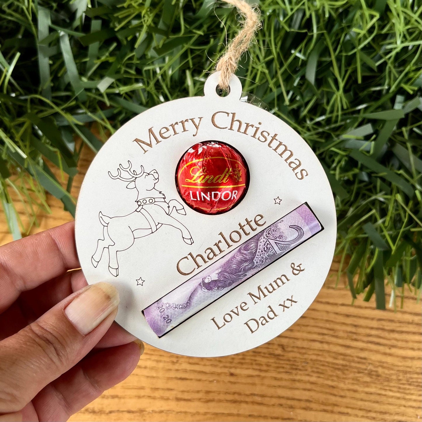 Personalised Reindeer Chocolate & Money Holder: Christmas Tree Decoration, Cash Envelope
