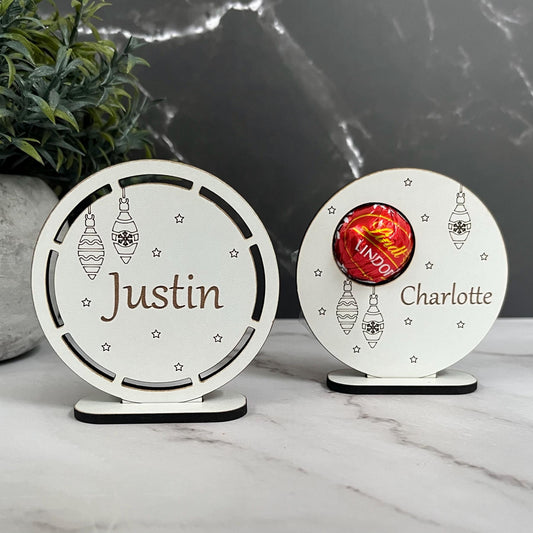 Personalised Christmas Table Place Settings, Chocolate Lindor Holder, Place Card: Laser Engraved Wooden Table Decoration