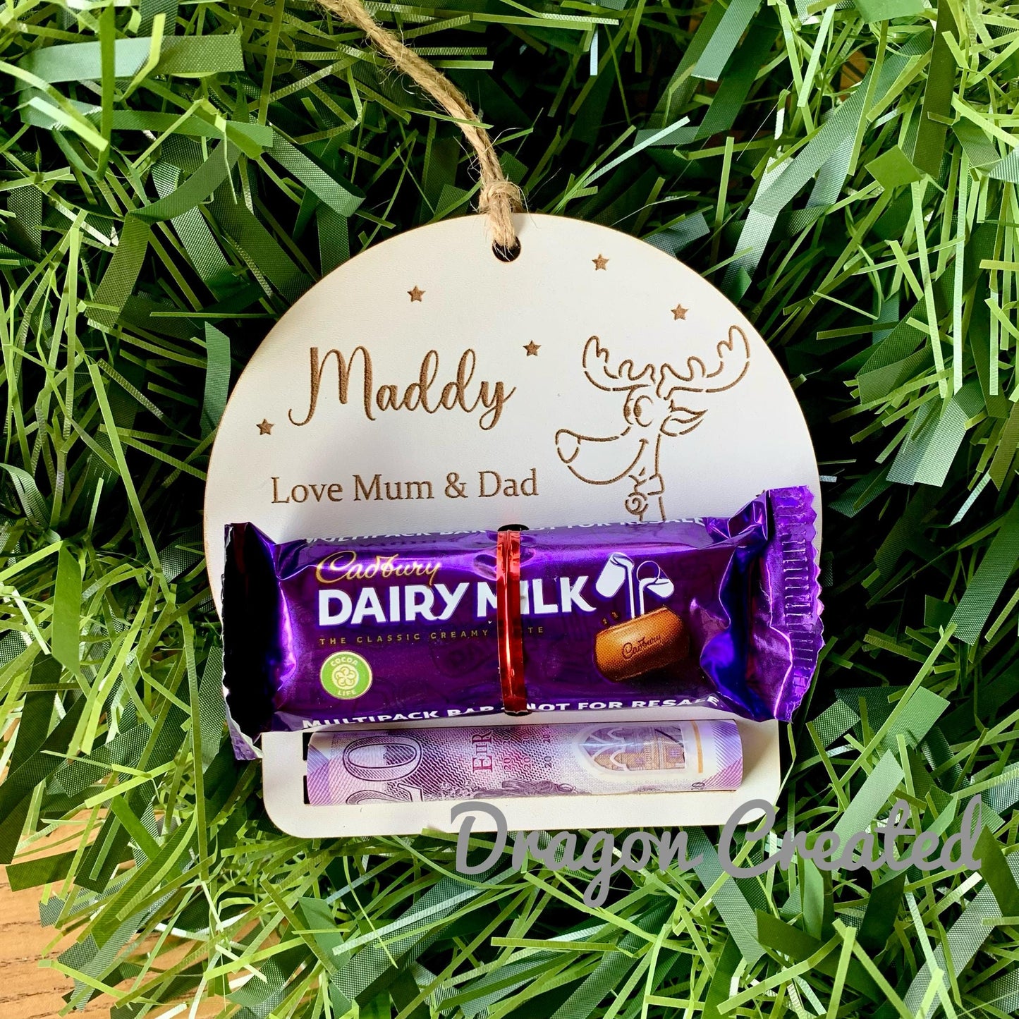 Christmas Money Holder, Chocolate & Cash, Personalised Wooden Money Envelope, Tree Ornament