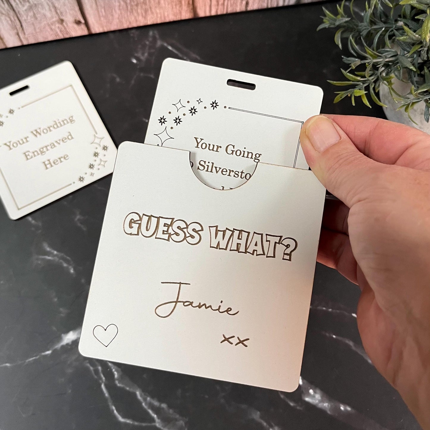 Secret Surprise Reveal, Guess What? Wooden Card, Personalised Love Letter.
