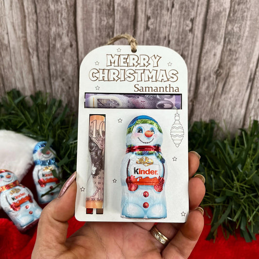 Personalised Christmas Ornament: Money And Kinder Chocolate Snowman Holder, Cash Envelope