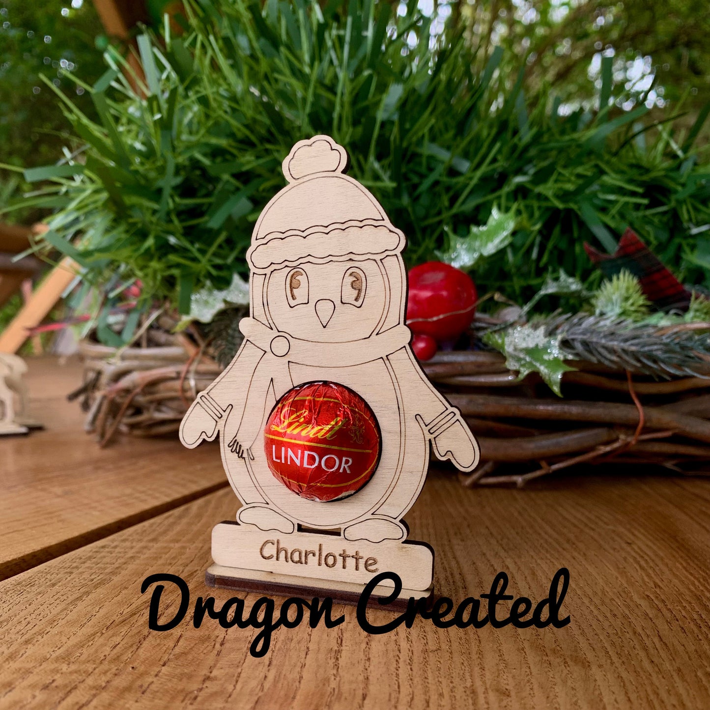 Personalised Wooden Penguin Chocolate Place Setting: Christmas Table Décor, Lindor Chocolate Holder