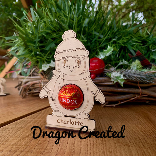 Personalised Wooden Penguin Chocolate Place Setting: Christmas Table Décor, Lindor Chocolate Holder