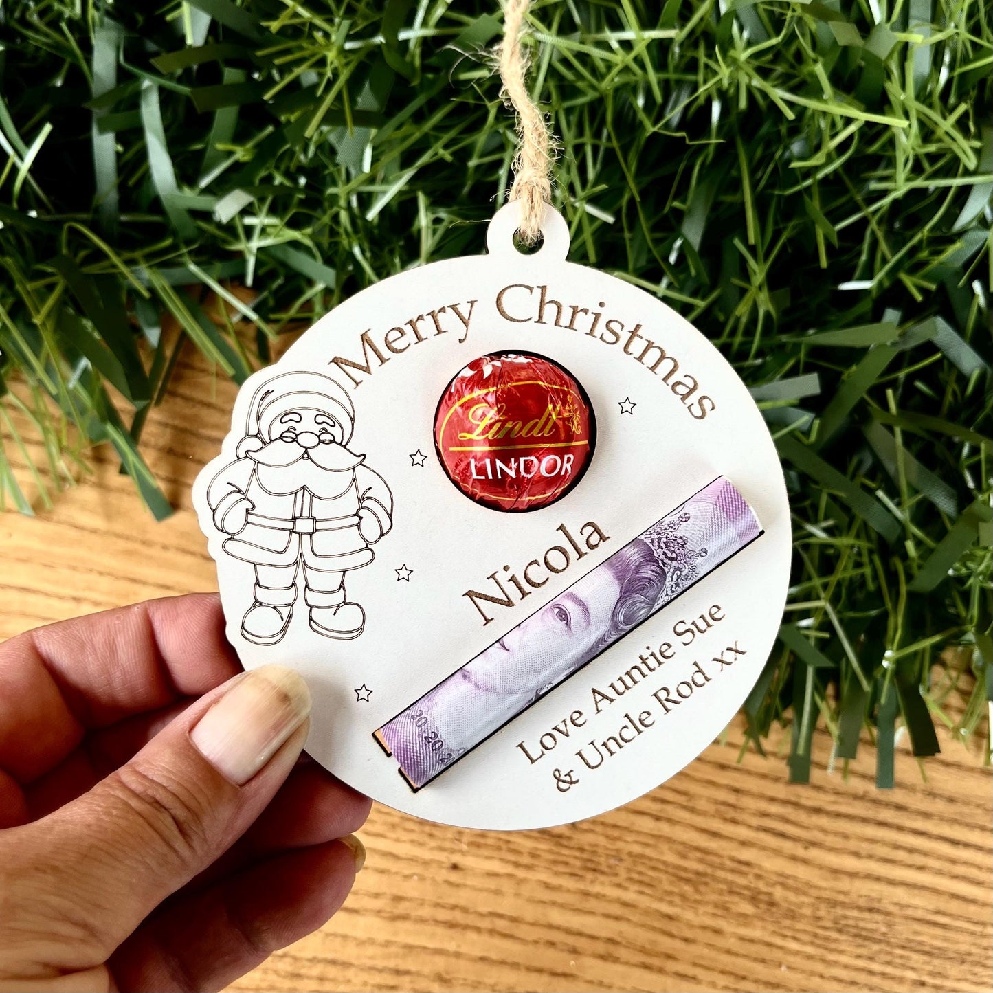 Personalised Christmas Chocolate & Money Holder: Santa Lindor, Engraved Wood, Cash Envelope