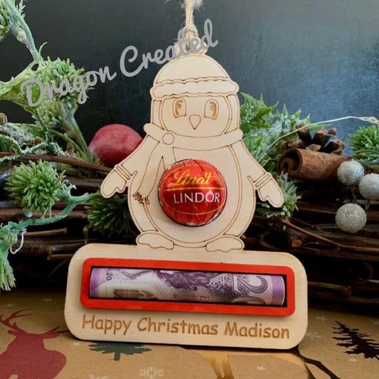 Personalised Penguin Chocolate Money Holder: Engraved Birch Wood Christmas Bauble