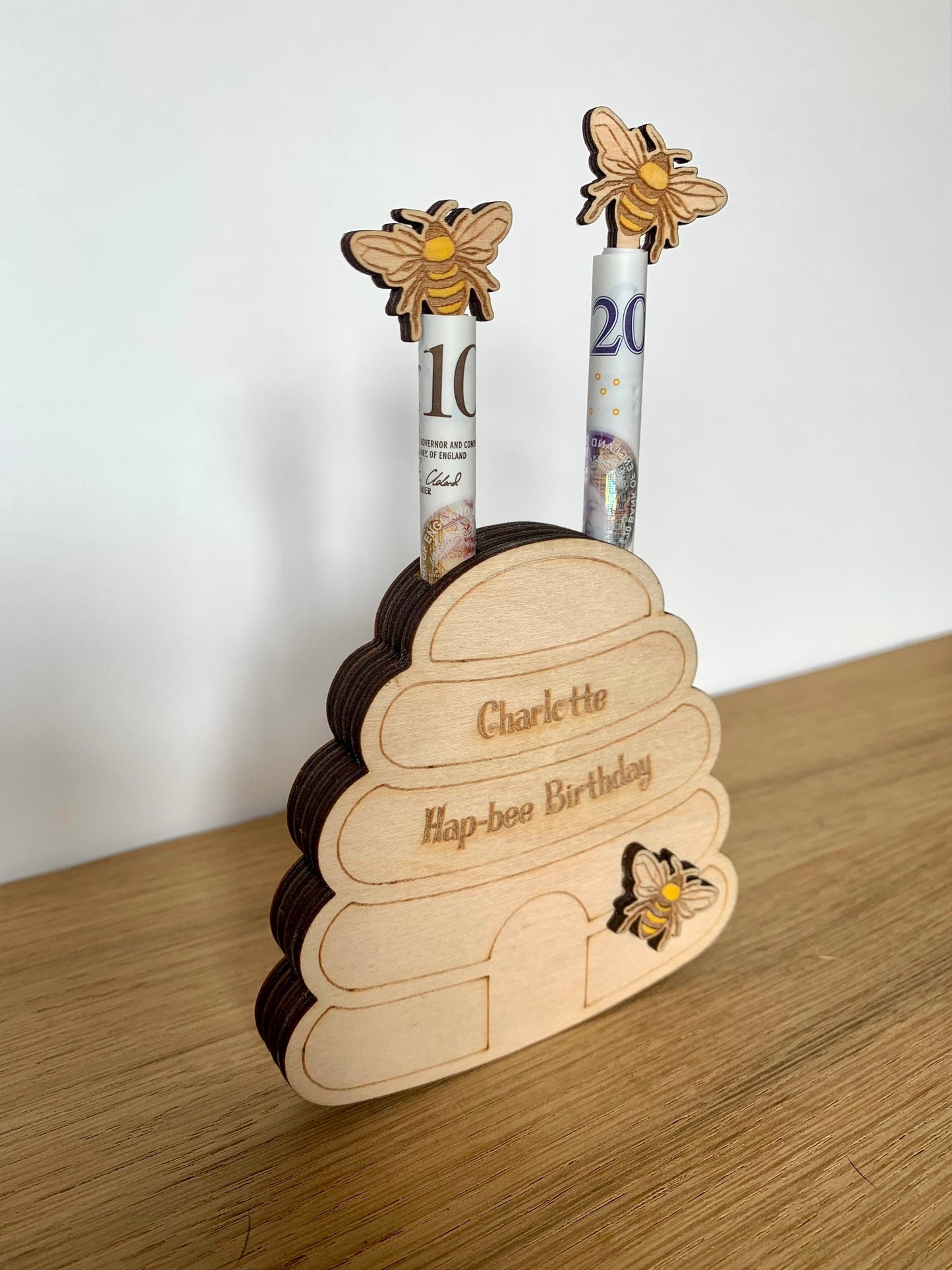 Personalised Wooden Money Holder: Bumblebee Birthday Gift Wallet, Cash Envelope