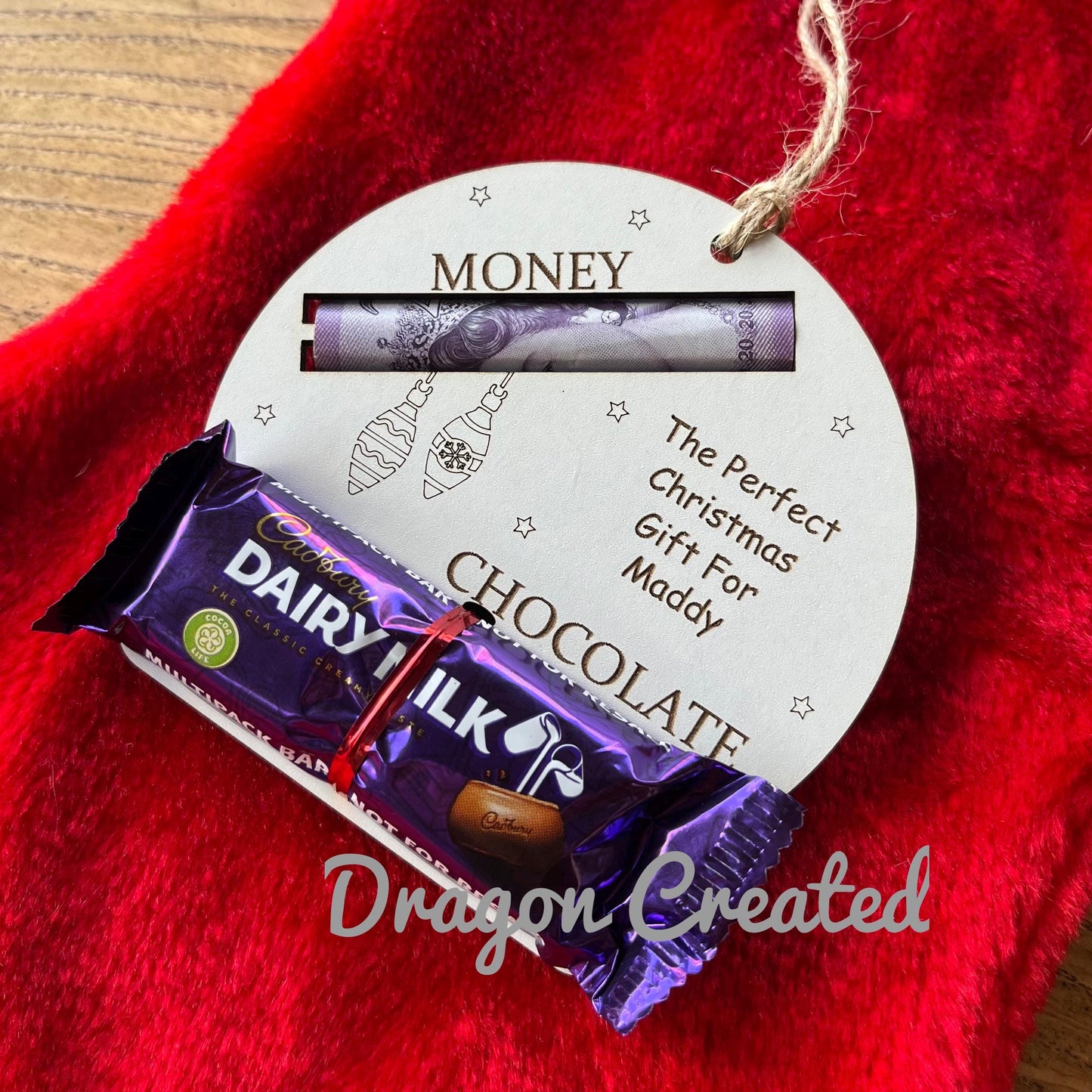 Personalised Christmas Money & Chocolate Holder: Engraved Wooden Ornament, Cash Envelope