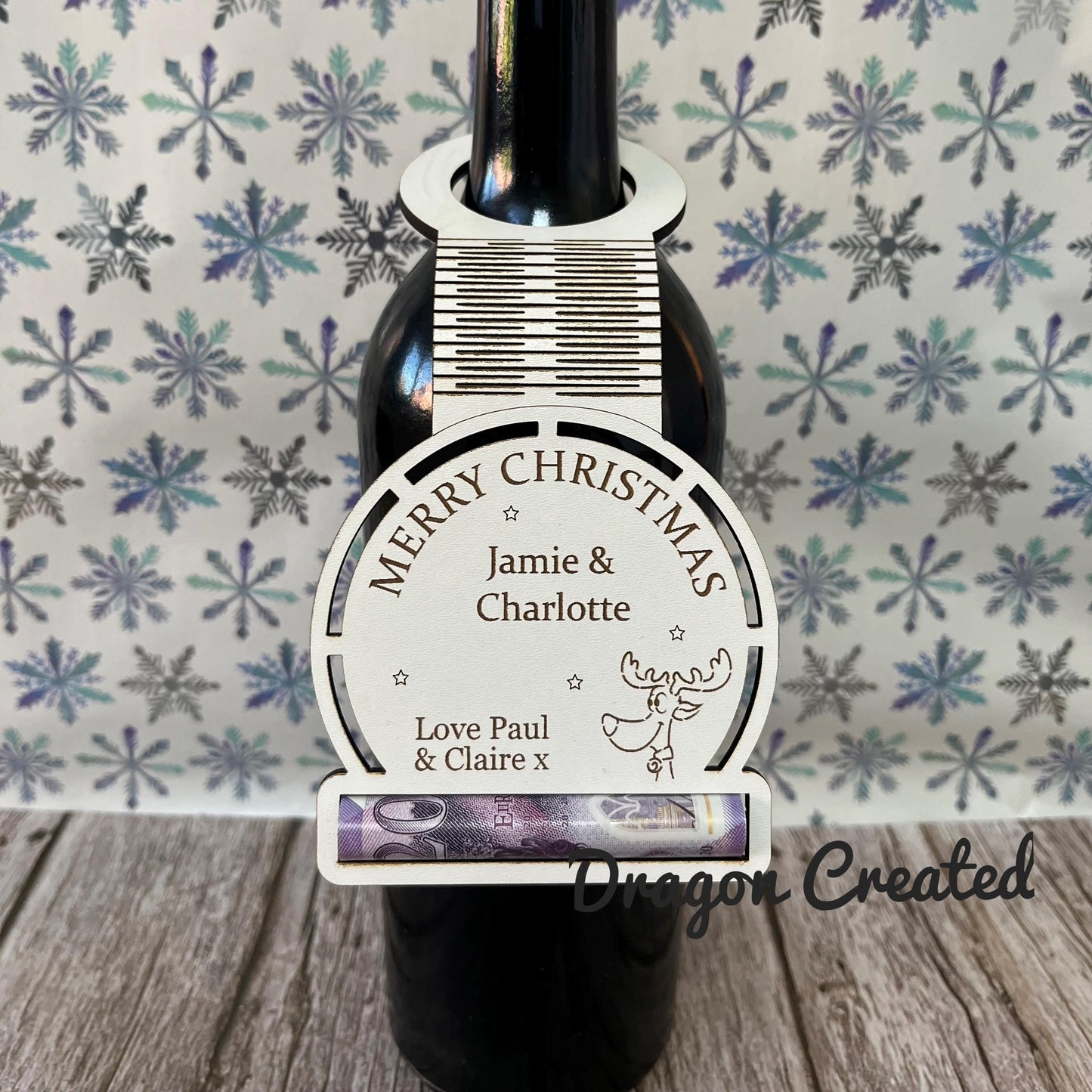 Personalised Christmas Wine Tag with Money Holder: Wooden Cash Gift Envelope